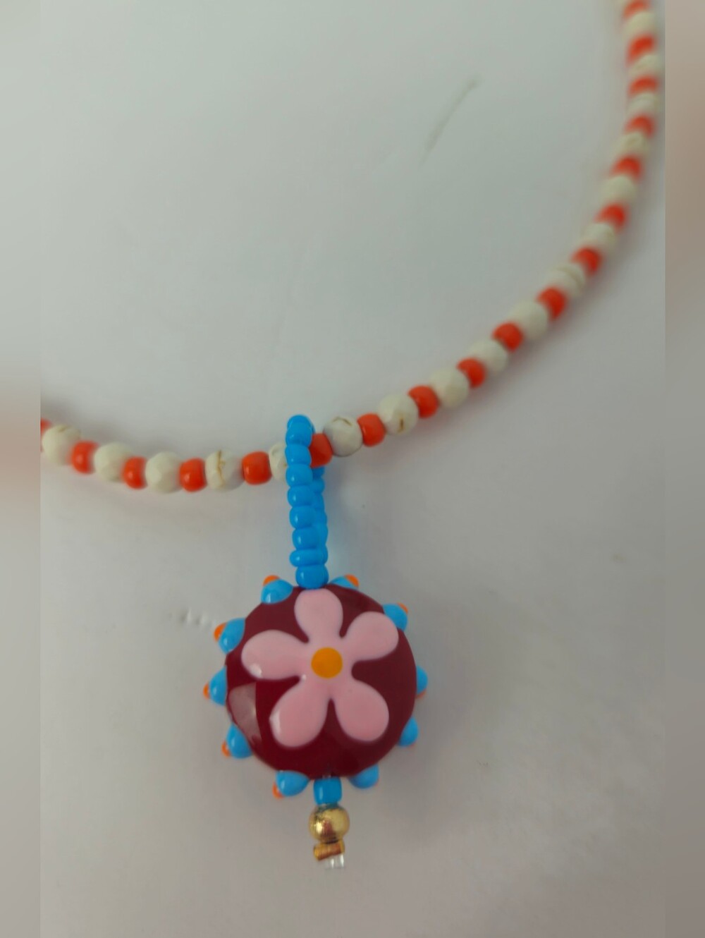 Hand Painted Floral Pendant With Beaded Necklace - Picture 3 of 8
